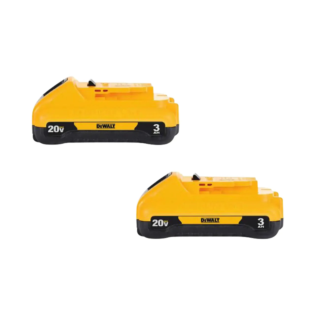 Two yellow and black Go Build 20V MAX Compact Lithium-Ion 3.0Ah Battery Packs are displayed diagonally on a white background, showcasing their compact design.